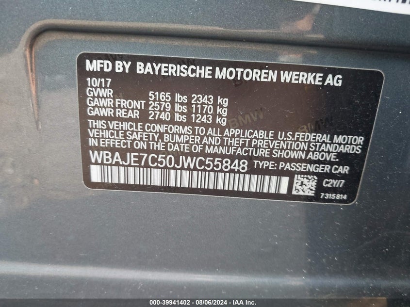 VIN WBAJE7C50JWC55848 2018 BMW 540I XDRIVE