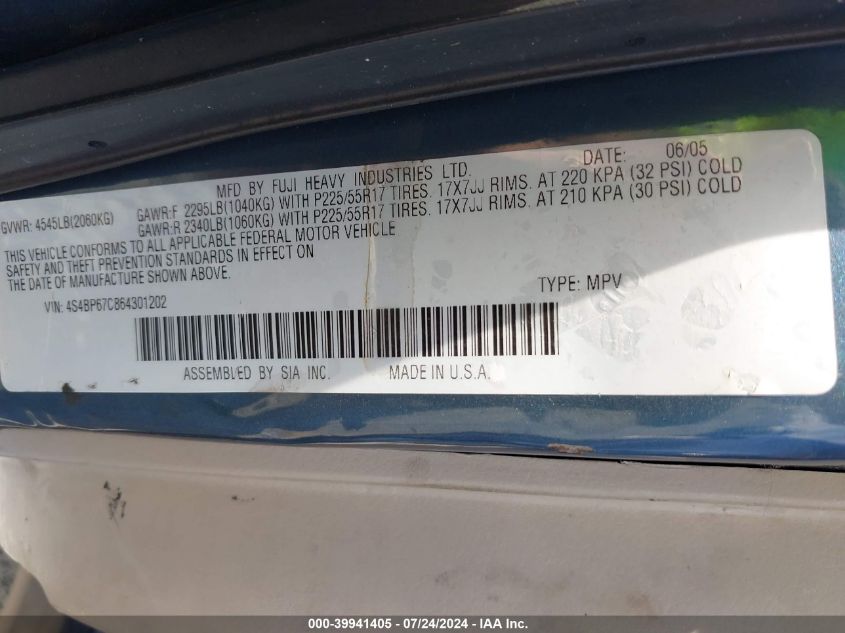 2006 Subaru Outback 2.5Xt/2.5Xt Limited VIN: 4S4BP67C864301202 Lot: 39941405