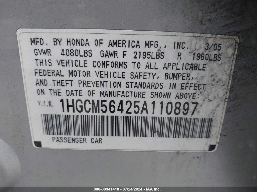 1HGCM56425A110897 | 2005 HONDA ACCORD