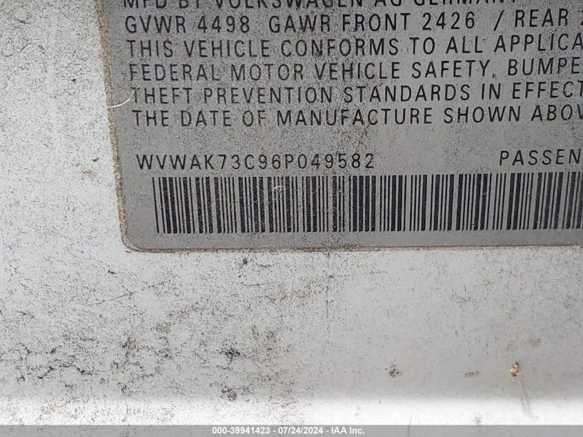 2006 Volkswagen Passat 2.0T VIN: WVWAK73C96P049582 Lot: 39941423