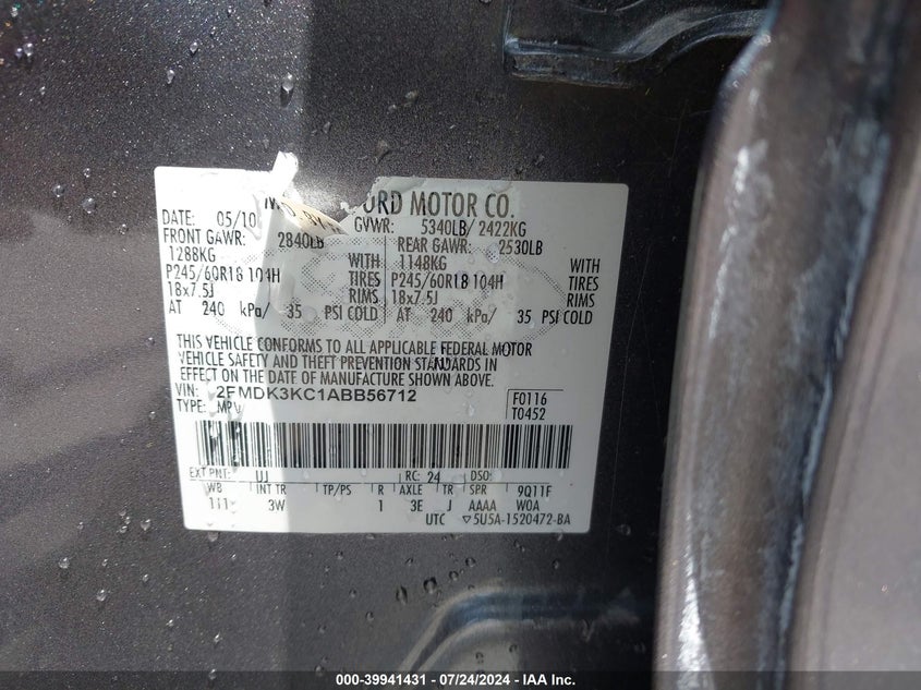 2010 Ford Edge Limited VIN: 2FMDK3KC1ABB56712 Lot: 39941431