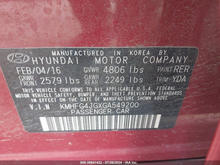 2016 Hyundai Azera VIN: KMHFG4JGXGA549200 Lot: 39941432