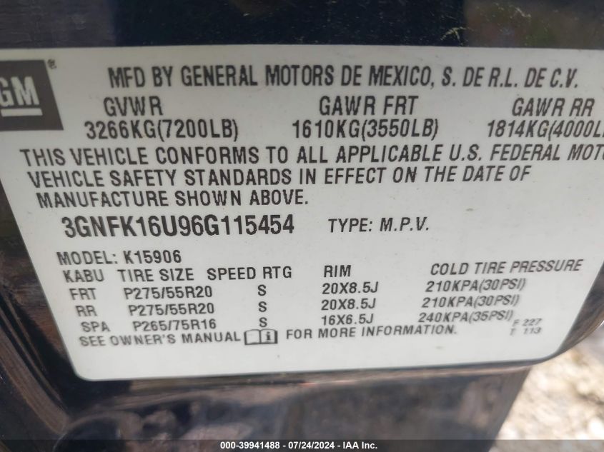 2006 Chevrolet Suburban 1500 Ltz VIN: 3GNFK16U96G115454 Lot: 39941488