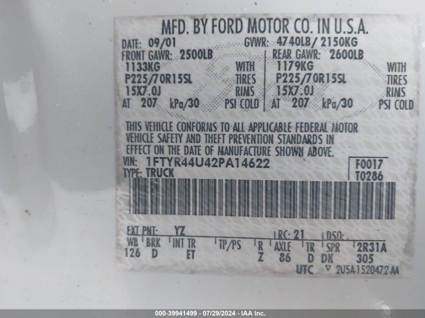 2002 Ford Ranger Edge/Tremor/Xlt VIN: 1FTYR44U42PA14622 Lot: 39941499