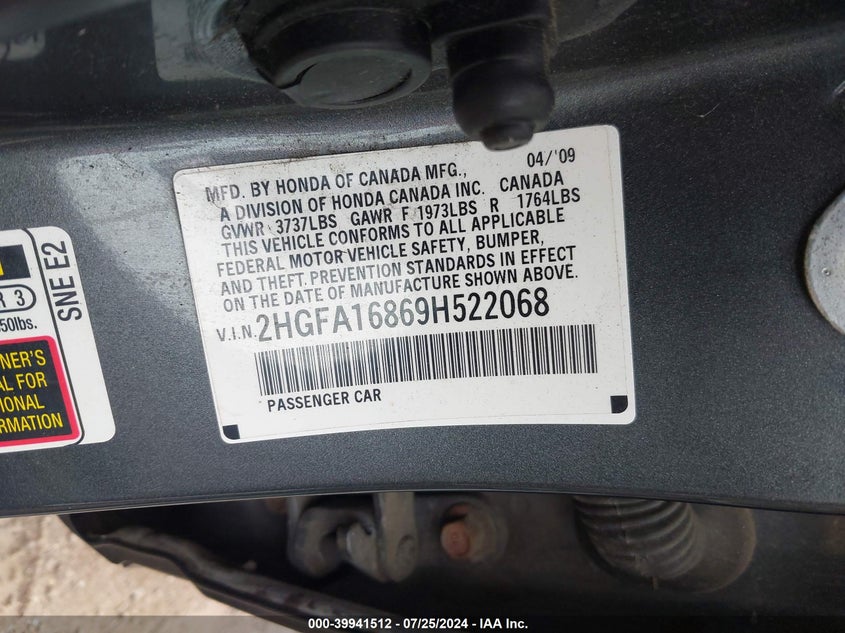 2009 Honda Civic Ex VIN: 2HGFA16869H522068 Lot: 39941512