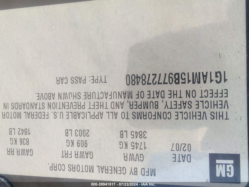 2007 Chevrolet Cobalt Ss VIN: 1G1AM15B977278480 Lot: 39941517