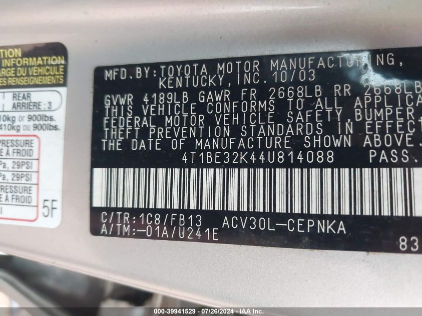 2004 Toyota Camry Le/Xle/Se VIN: 4T1BE32K44U814088 Lot: 39941529