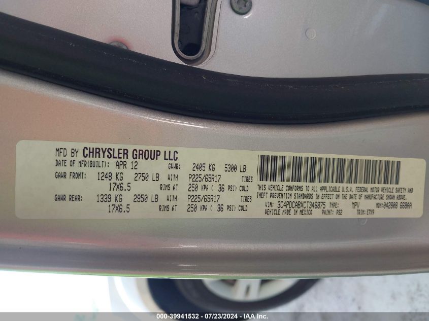 2012 Dodge Journey Se/Avp VIN: 3C4PDCABXCT346875 Lot: 39941532