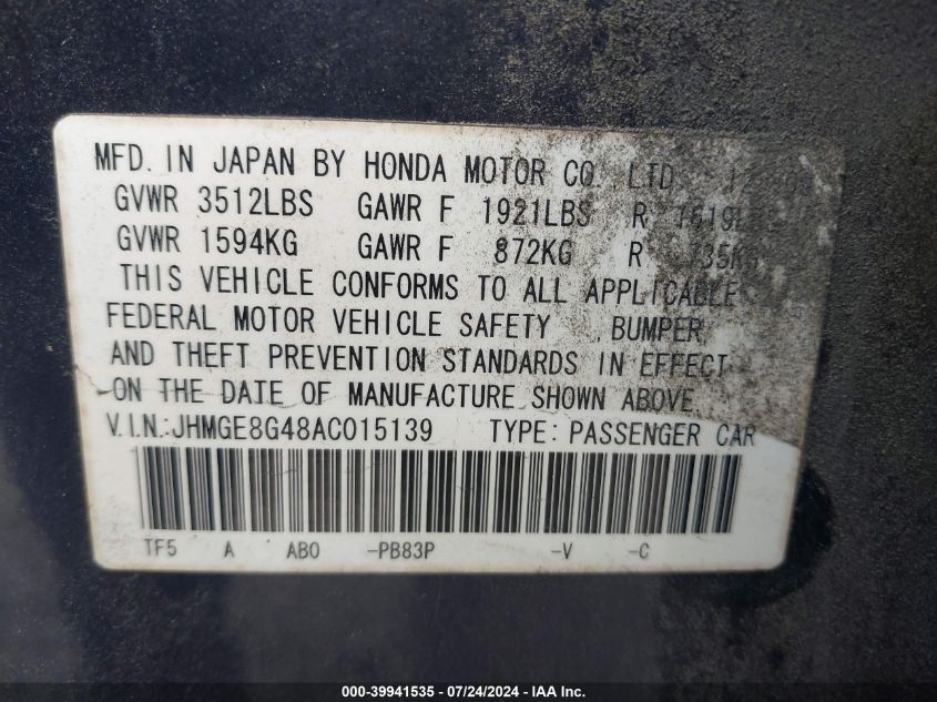 2010 Honda Fit Sport VIN: JHMGE8G48AC015139 Lot: 39941535