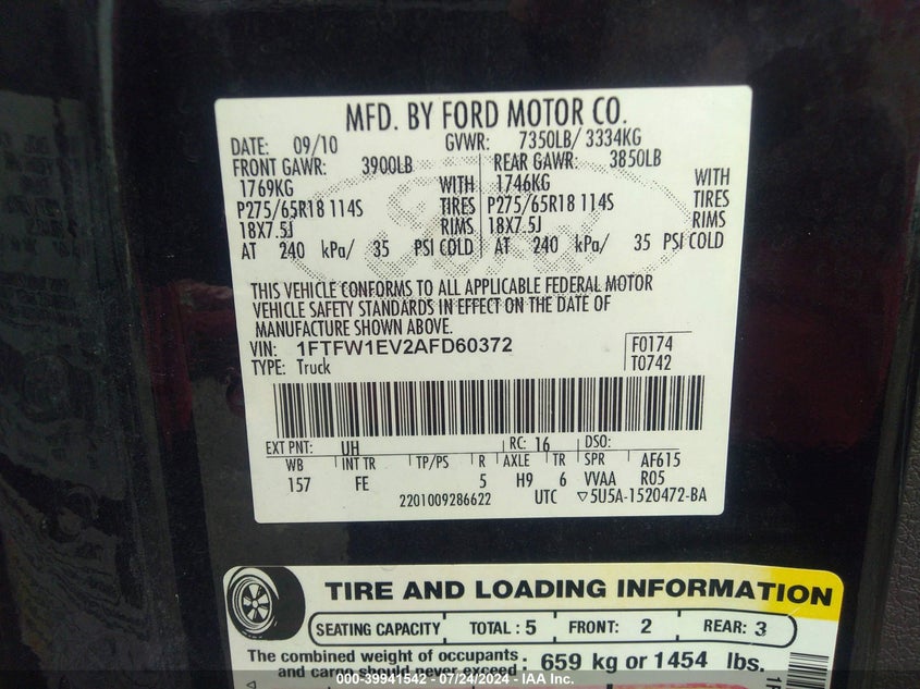 2010 Ford F150 Supercrew VIN: 1FTFW1EV2AFD60372 Lot: 39941542
