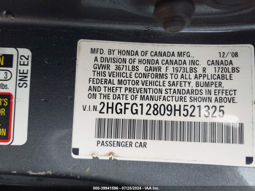 2009 Honda Civic Ex VIN: 2HGFG12809H521325 Lot: 39941596