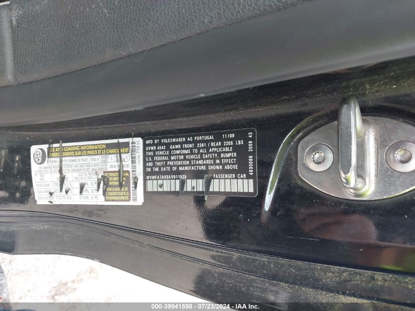 2010 Volkswagen Eos Lux VIN: WVWFA7AH3AV011535 Lot: 39941598