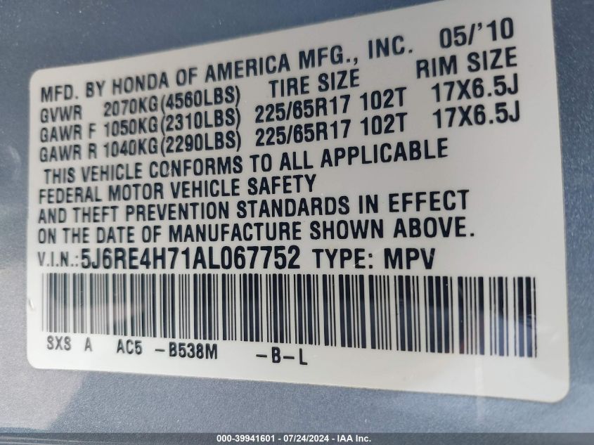 2010 Honda Cr-V Ex-L VIN: 5J6RE4H71AL067752 Lot: 39941601