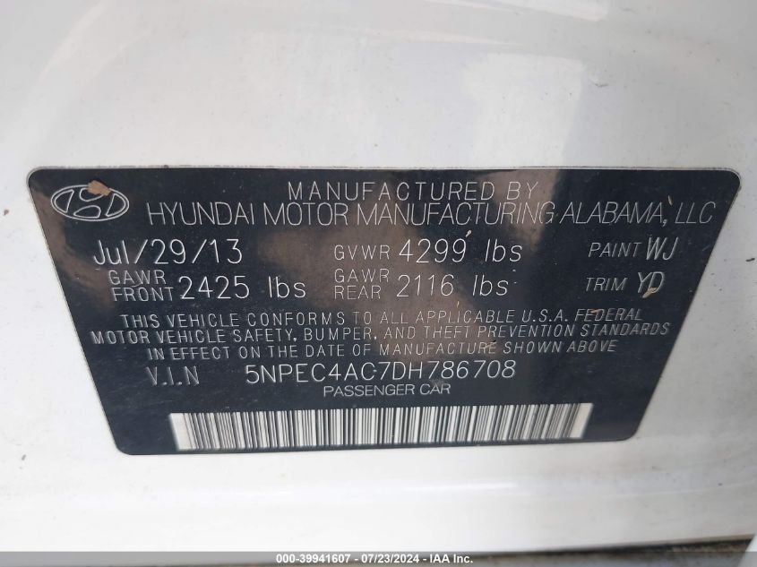 2013 Hyundai Sonata Limited VIN: 5NPEC4AC7DH786708 Lot: 39941607