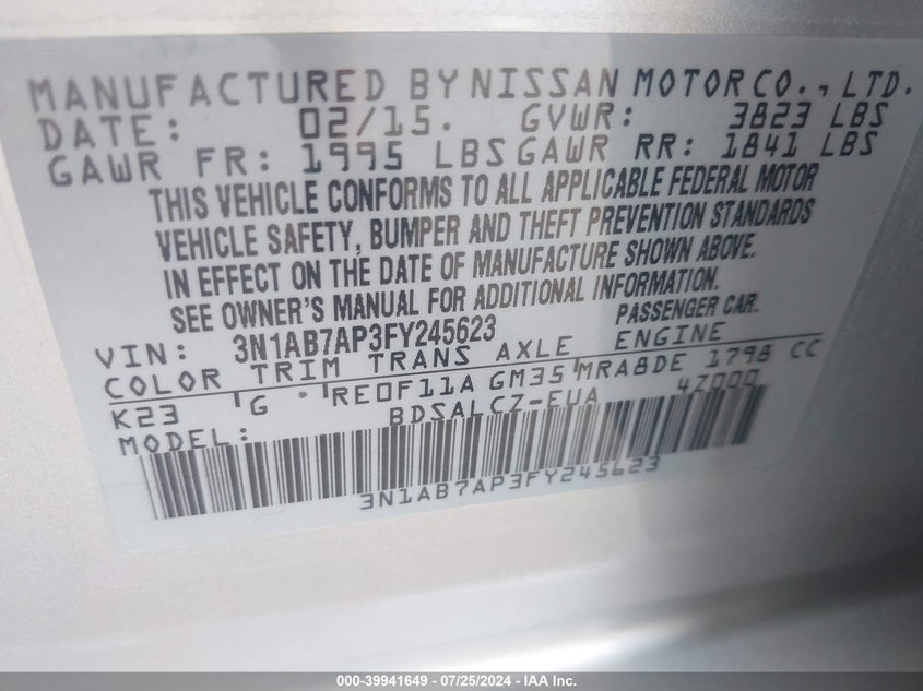 2015 Nissan Sentra S/Sv/Sr/Sl VIN: 3N1AB7AP3FY245623 Lot: 39941649