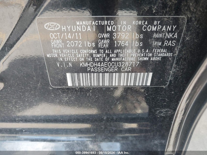2012 Hyundai Elantra Limited (Ulsan Plant) VIN: KMHDH4AE0CU328717 Lot: 39941693