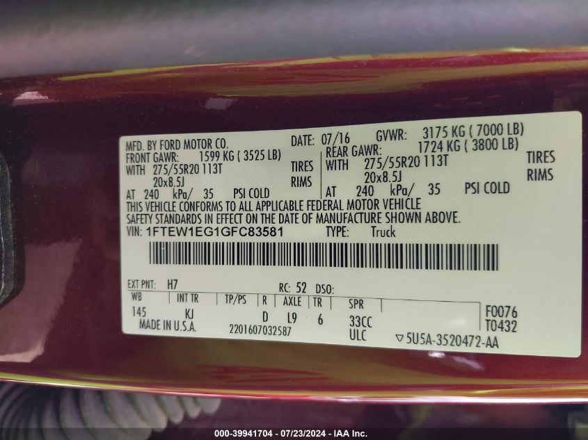 2016 Ford F-150 King Ranch VIN: 1FTEW1EG1GFC83581 Lot: 39941704