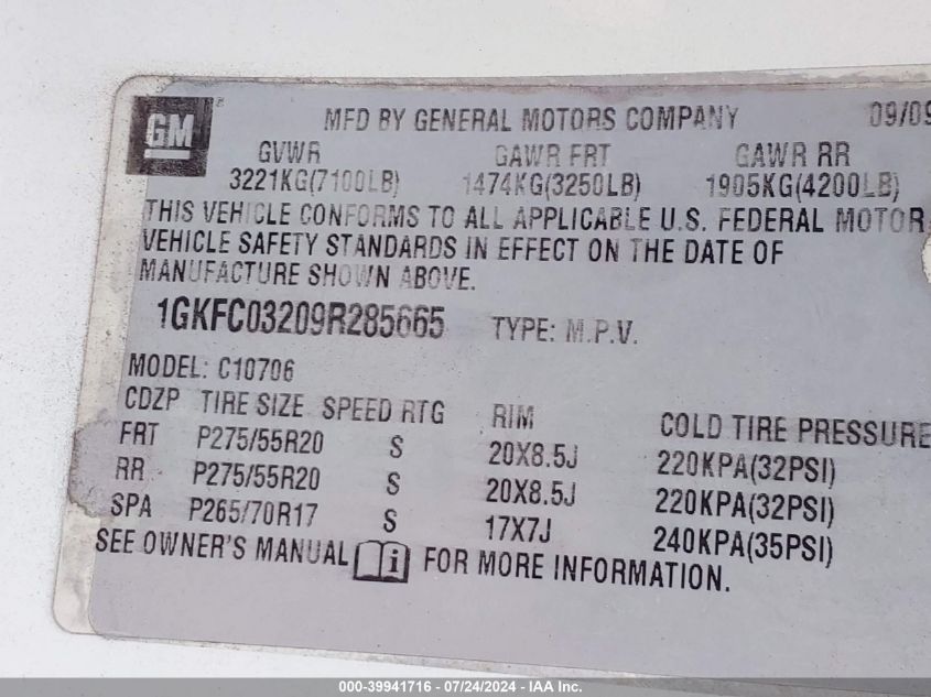 2009 GMC Yukon Denali VIN: 1GKFC03209R285665 Lot: 39941716