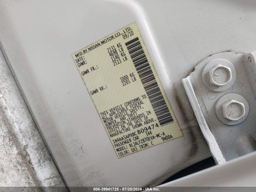 2011 Nissan Maxima 3.5 Sv VIN: 1N4AA5APXBC809474 Lot: 39941725