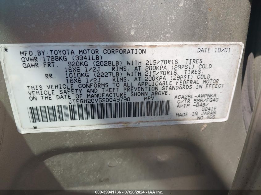 2002 Toyota Rav4 VIN: JTEGH20V520049790 Lot: 39941736