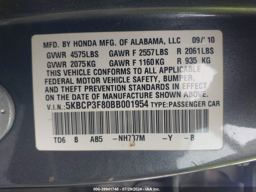 2011 Honda Accord 3.5 Ex-L VIN: 5KBCP3F80BB001954 Lot: 39941748