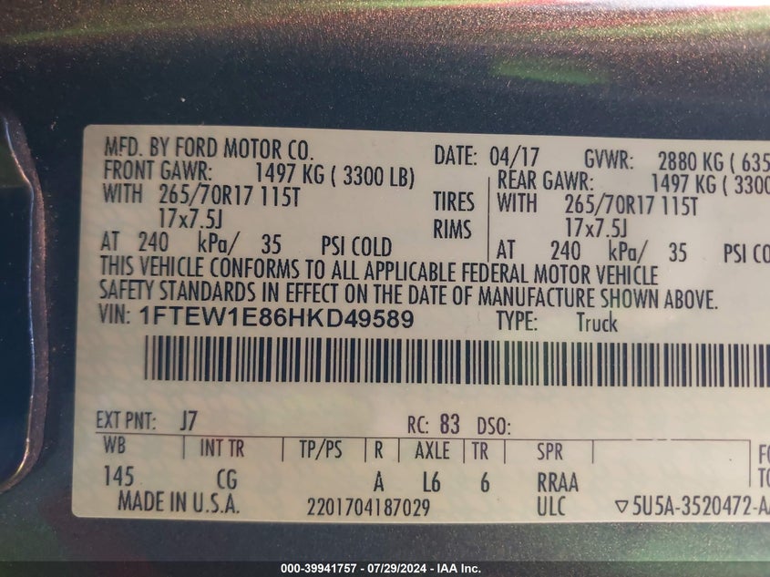 2017 FORD F150 VIN: 1FTEW1E86HKD49589