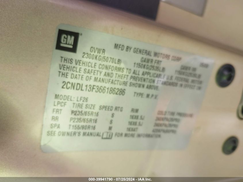 2006 Chevrolet Equinox Ls VIN: 2CNDL13F366186286 Lot: 39941790