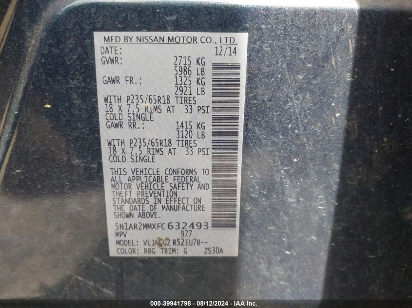 2015 Nissan Pathfinder S/Sv/Sl/Platinum VIN: 5N1AR2MMXFC632493 Lot: 39941798