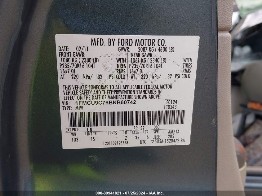 2011 Ford Escape Xls VIN: 1FMCU9C76BKB60742 Lot: 39941821