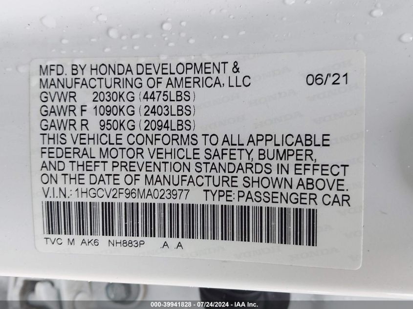 2021 Honda Accord Touring VIN: 1HGCV2F96MA023977 Lot: 39941828