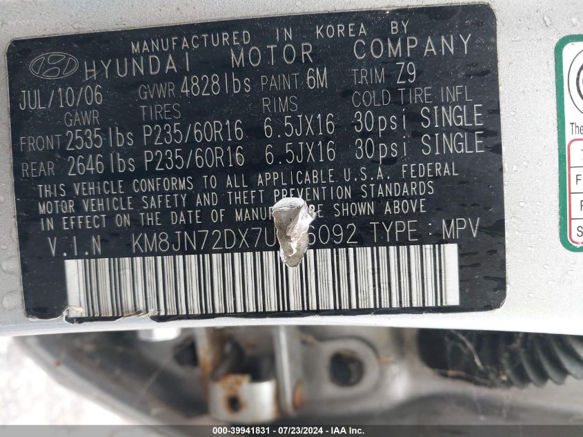 2007 Hyundai Tucson Limited/Se VIN: KM8JN72DX7U506092 Lot: 39941831