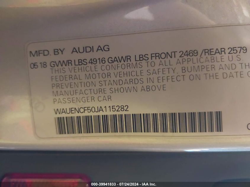 2018 Audi A5 2.0T Premium VIN: WAUENCF50JA115282 Lot: 39941833