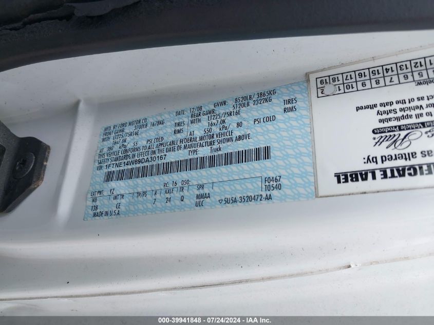 2009 Ford E-150 Commercial/Recreational VIN: 1FTNE14W69DA30167 Lot: 39941848