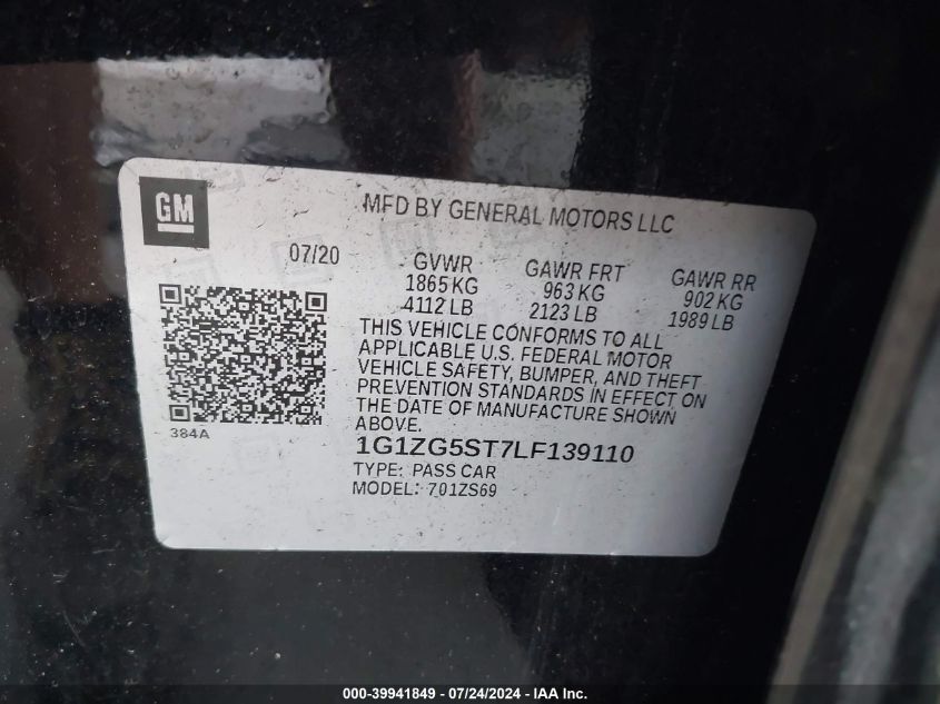 2020 CHEVROLET MALIBU RS - 1G1ZG5ST7LF139110