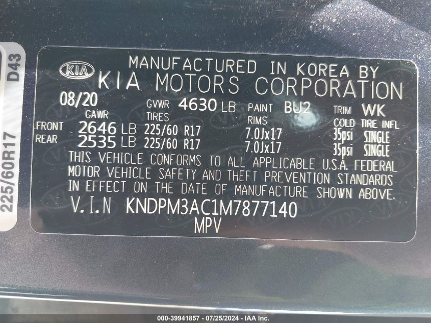 2021 Kia Sportage Lx VIN: KNDPM3AC1M7877140 Lot: 39941857