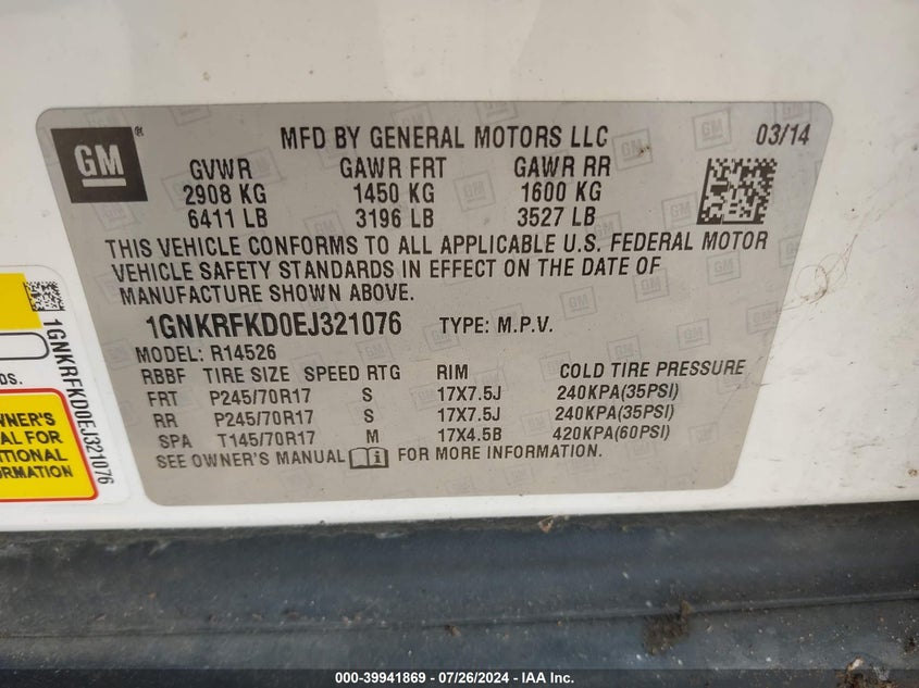 2014 Chevrolet Traverse Ls VIN: 1GNKRFKD0EJ321076 Lot: 39941869