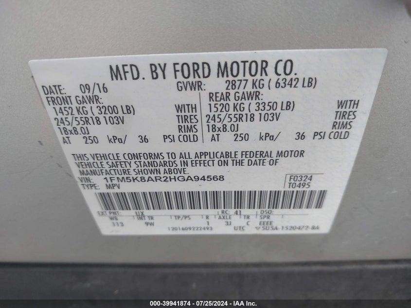 VIN 1FM5K8AR2HGA94568 2017 FORD UTILITY POLICE INTERCEPTOR