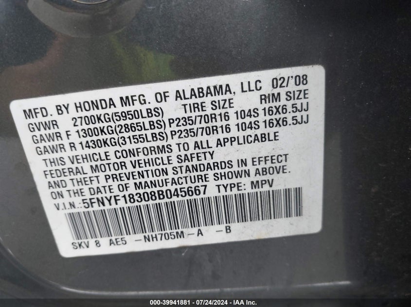 2008 Honda Pilot Se VIN: 5FNYF18308B045667 Lot: 39941881