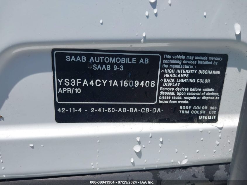 YS3FA4CY1A1609408 2010 Saab 9-3