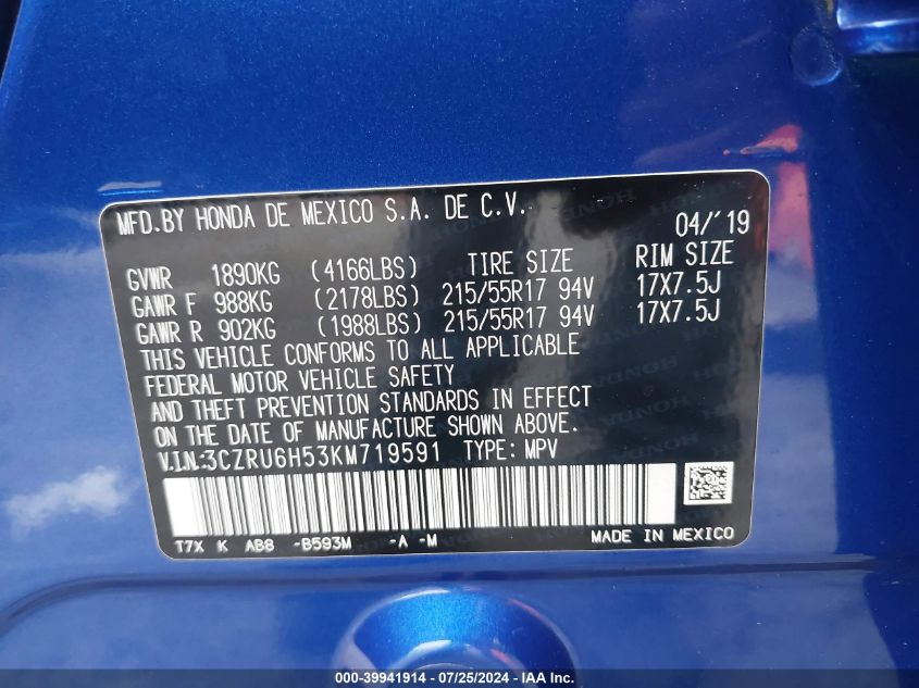 2019 Honda Hr-V Ex VIN: 3CZRU6H53KM719591 Lot: 39941914