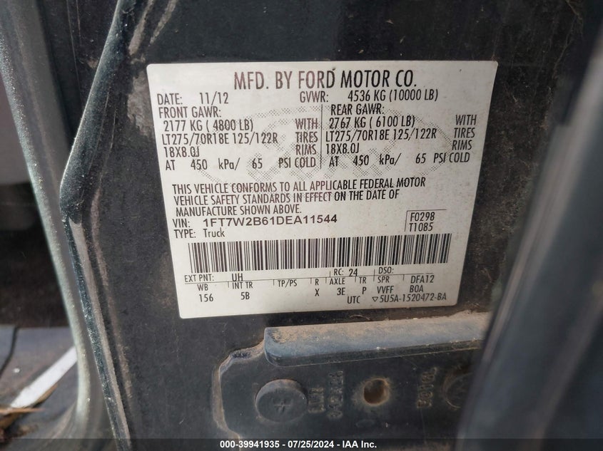 2013 Ford F250 Super Duty VIN: 1FT7W2B61DEA11544 Lot: 39941935