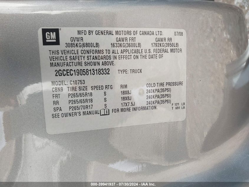 2008 Chevrolet Silverado 1500 Lt1 VIN: 2GCEC190581318332 Lot: 39941937