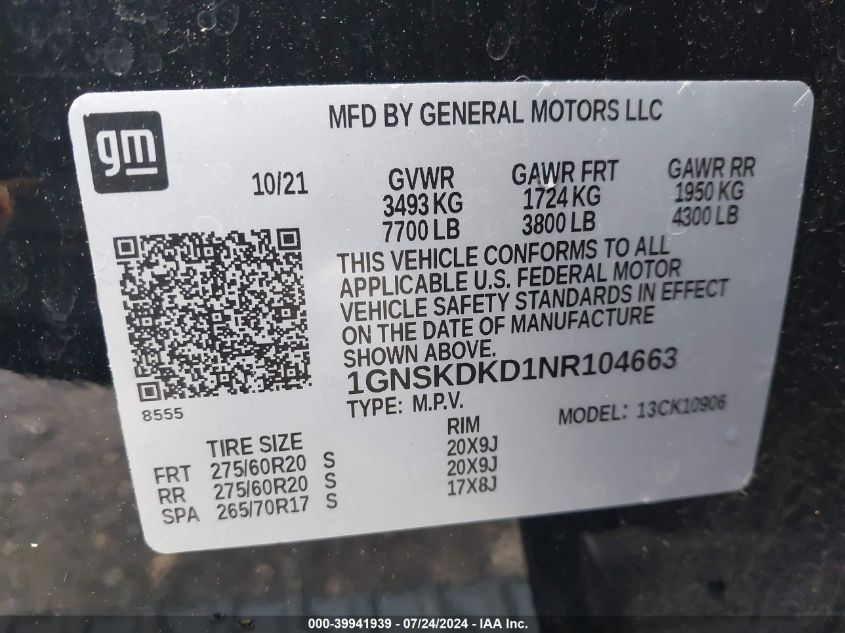 2022 Chevrolet Suburban 4Wd Z71 VIN: 1GNSKDKD1NR104663 Lot: 39941939