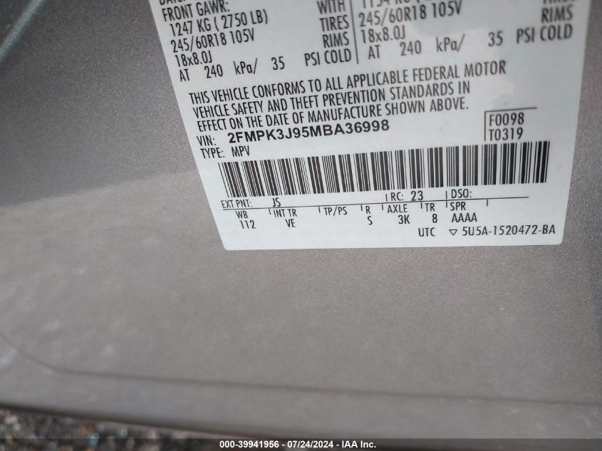 2021 Ford Edge Sel VIN: 2FMPK3J95MBA36998 Lot: 39941956