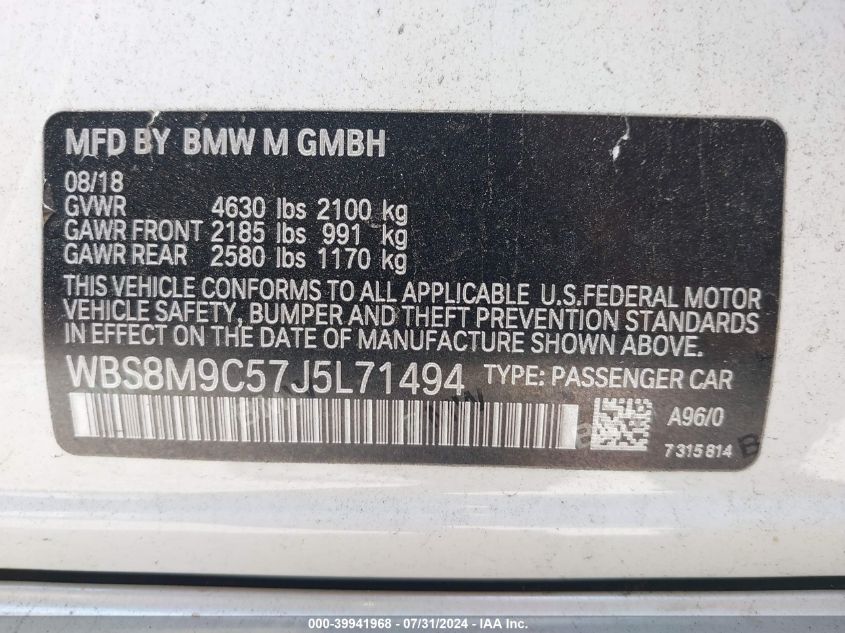 2018 BMW M3 VIN: WBS8M9C57J5L71494 Lot: 39941968