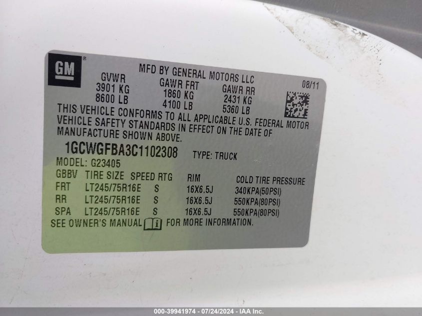 2012 Chevrolet Express 2500 Work Van VIN: 1GCWGFBA3C1102308 Lot: 39941974