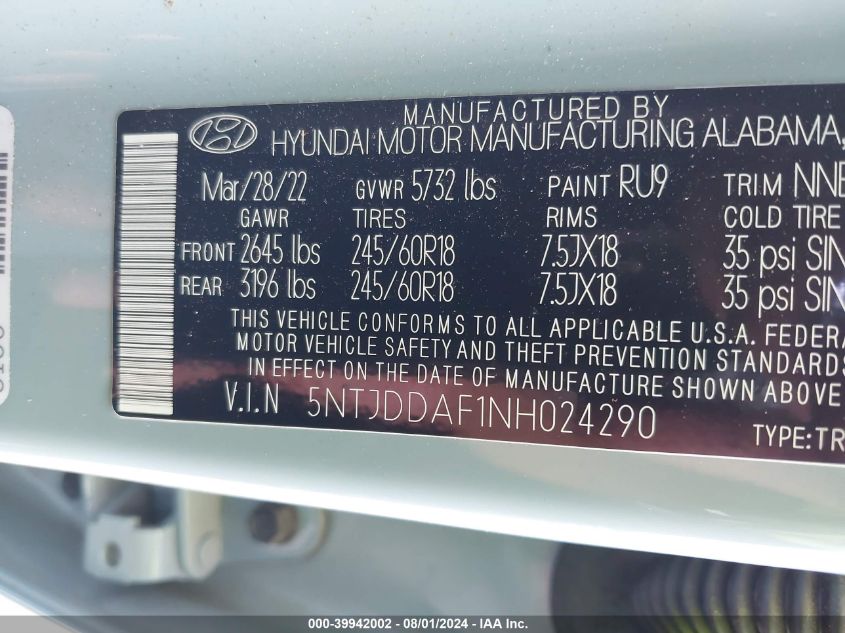 5NTJDDAF1NH024290 2022 Hyundai Santa Cruz Sel Premium