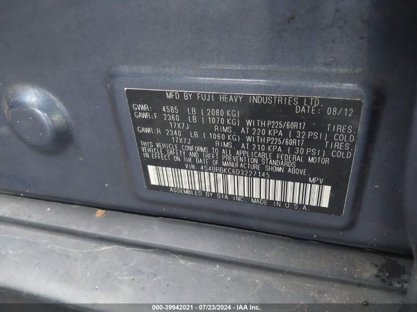 2013 Subaru Outback 2.5I Limited VIN: 4S4BRBKC6D3227145 Lot: 39942021