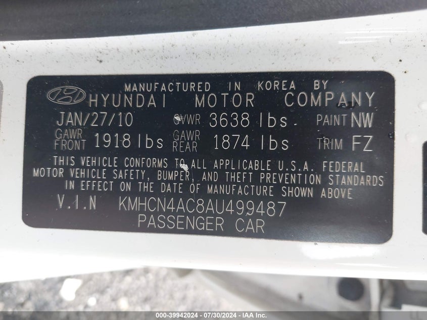 2010 Hyundai Accent Gls VIN: KMHCN4AC8AU499487 Lot: 39942024