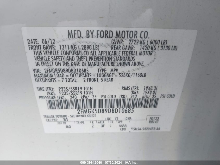 2013 Ford Flex Limited VIN: 2FMGK5D89DBD10685 Lot: 39942040